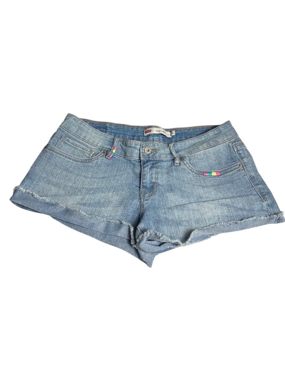 Levis Low Rise Cutoff Denim Shorts 32 Frayed Hemline Multicolor Accents Y2K